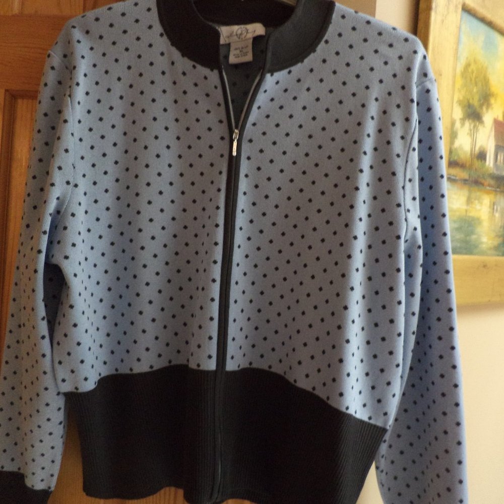 MING WANG ZIP CARDIGAN   ~Dark Grey on Light Blue Background ~   Size:  XL
